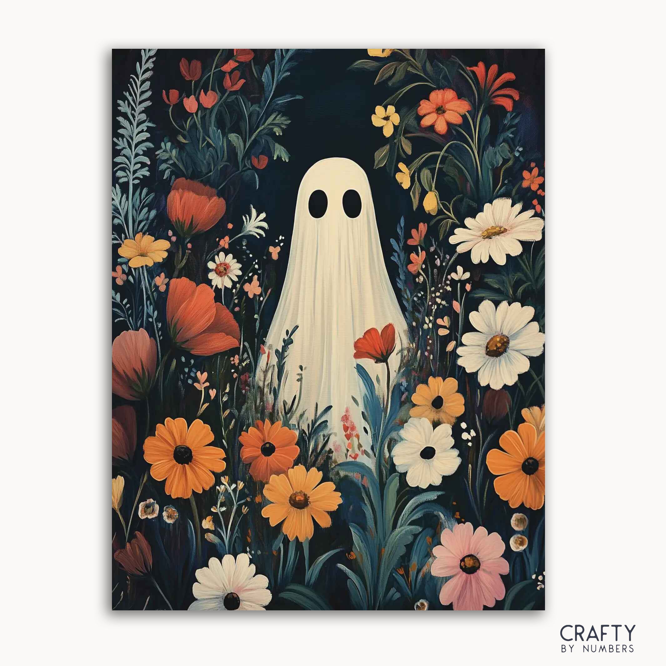 A paint-by-numbers kit image featuring a ghost among vibrant blooming flowers.