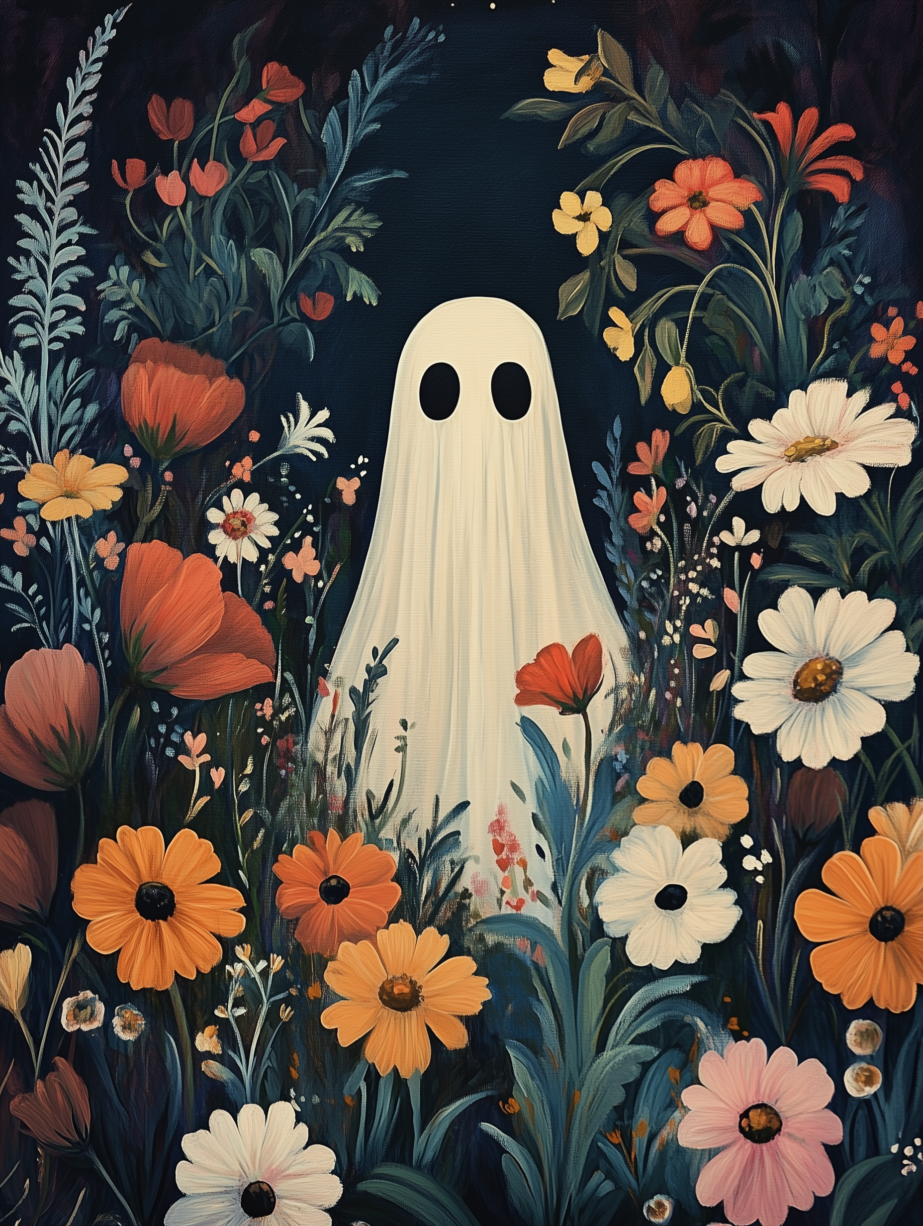 A paint-by-numbers kit image featuring a ghost among blooming flowers with a focus on the finished picture.