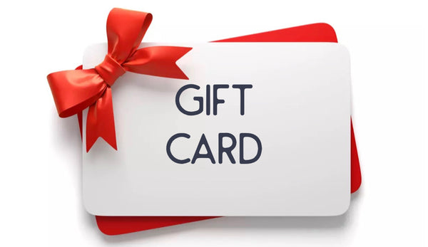 A white gift card with the words 'GIFT CARD' printed in bold letters, tied with a red ribbon.collection