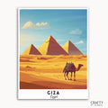 A travel poster depicting the Great Pyramids of Giza with a camel in the foreground in a desert landscape, under a blue sky with clouds.