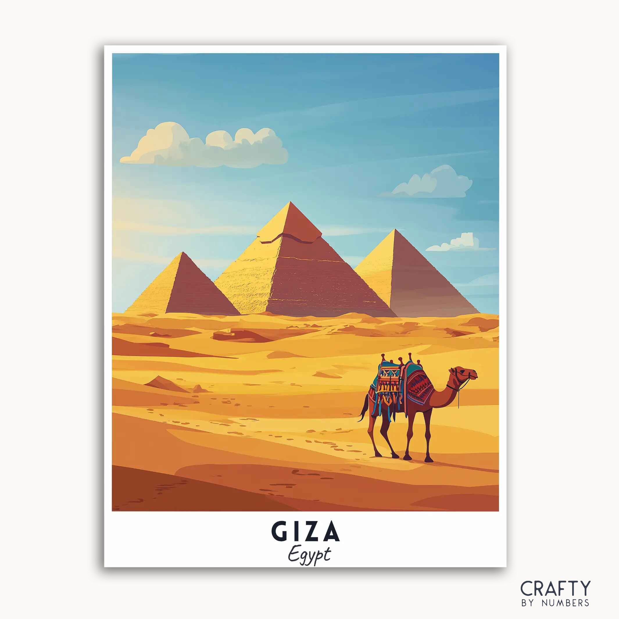 A travel poster depicting the Great Pyramids of Giza with a camel in the foreground in a desert landscape, under a blue sky with clouds.