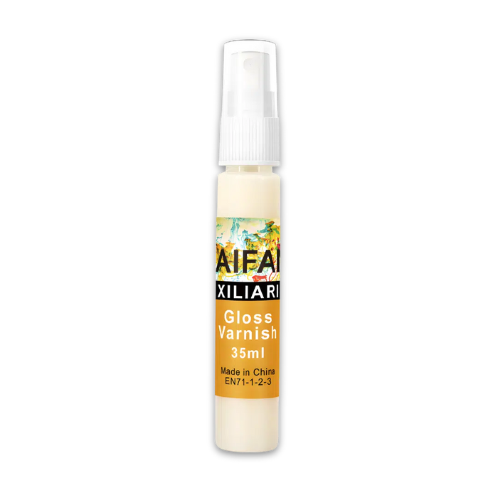 A bottle of Crafty by Numbers Gloss Varnish, 35ml size, with a spray nozzle, labeled to protect and enhance acrylic paintings.