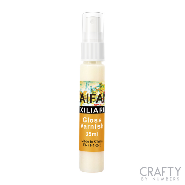 A bottle of Crafty by Numbers Gloss Varnish, 35ml size, with a spray nozzle, labeled to protect and enhance acrylic paintings.