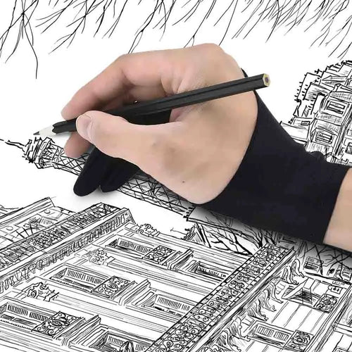A person wearing a black artist glove is drawing on a paper with a detailed sketch using a pencil.