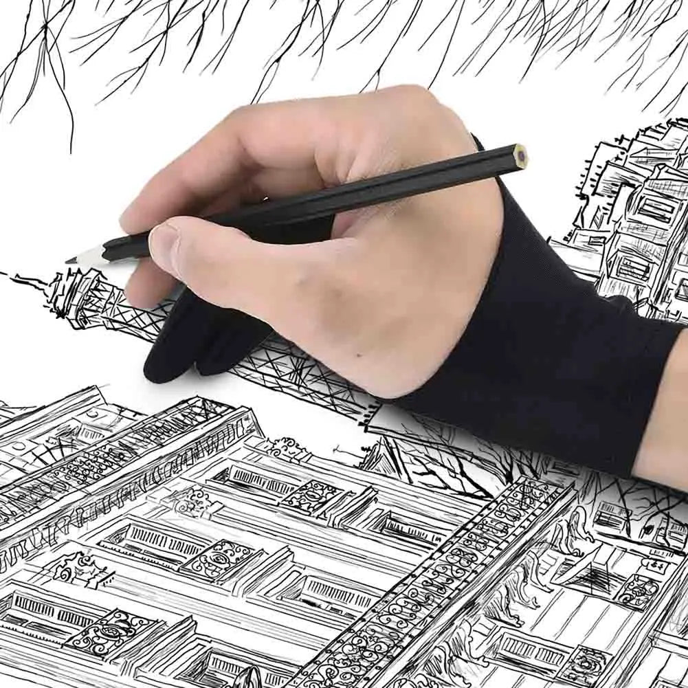 A hand wearing a black artist glove designed to reduce friction and sweat, holding a pencil and drawing on a paper with intricate lines.