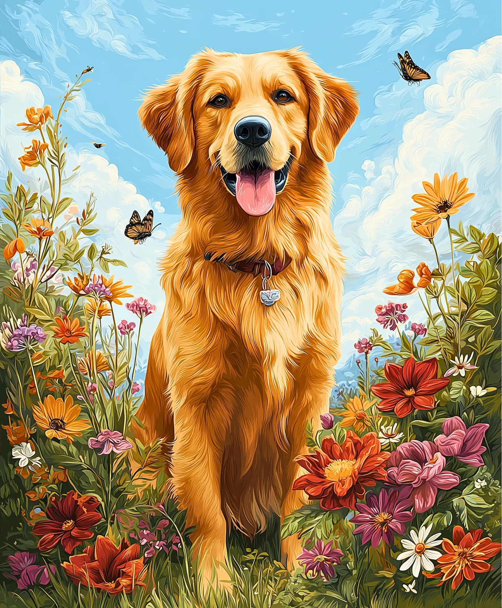 Golden retriever standing in a field of colorful flowers with a blue sky background