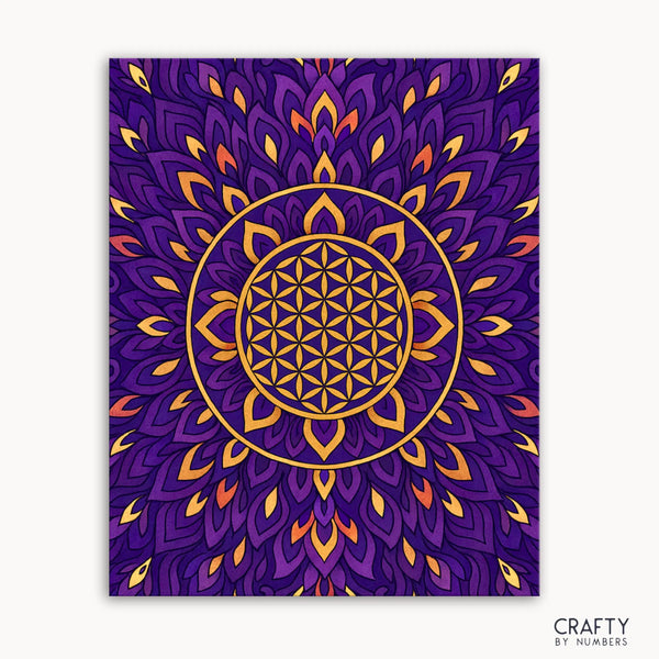 The kit features a luminous mandala design blending deep purples and glowing golds in a mesmerizing pattern intended to bring focus, calm, and clarity. It is crafted for mindful moments and stunning results, one number at a time.