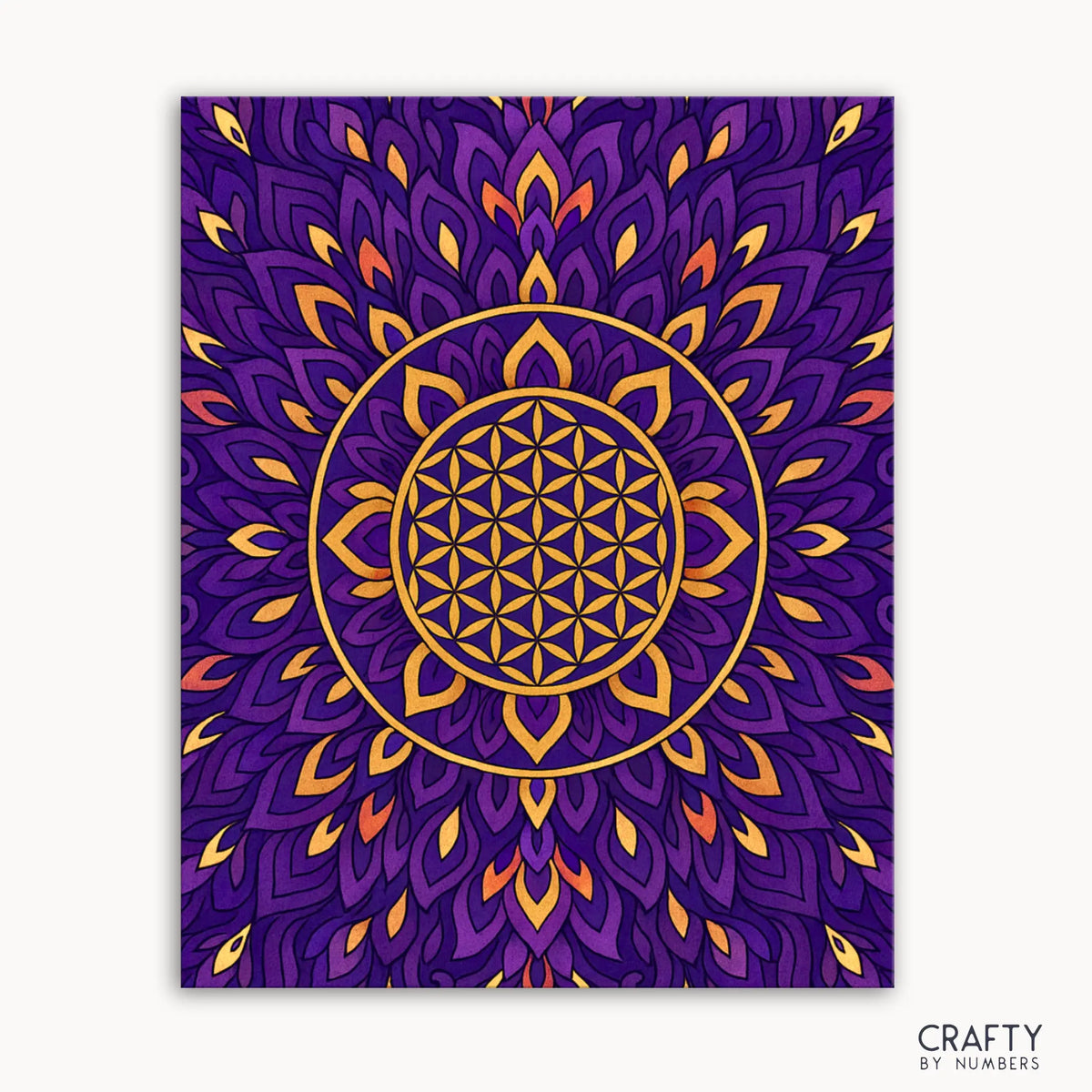 Das Set verfügt über ein leuchtendes Mandala-Design, das tiefe Lila- und leuchtende Goldtöne in einem faszinierenden Muster mischt, das für Konzentration, Ruhe und Klarheit sorgen soll. Es wurde für achtsame Momente und atemberaubende Ergebnisse entwickelt, eine Nummer nach der anderen.