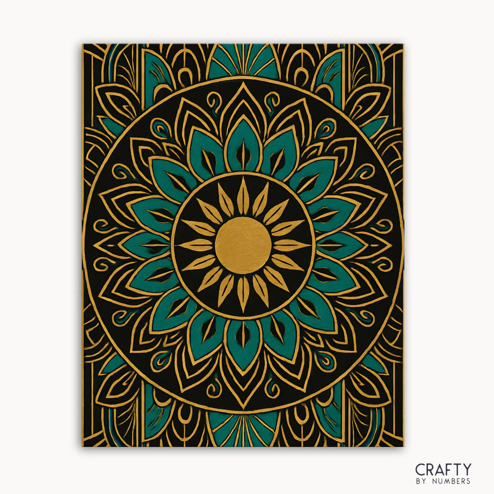Golden Echo Mandala Paint by Numbers kit featuring a mandala design with deep teal, rich black, and luminous gold in sacred symmetrical patterns