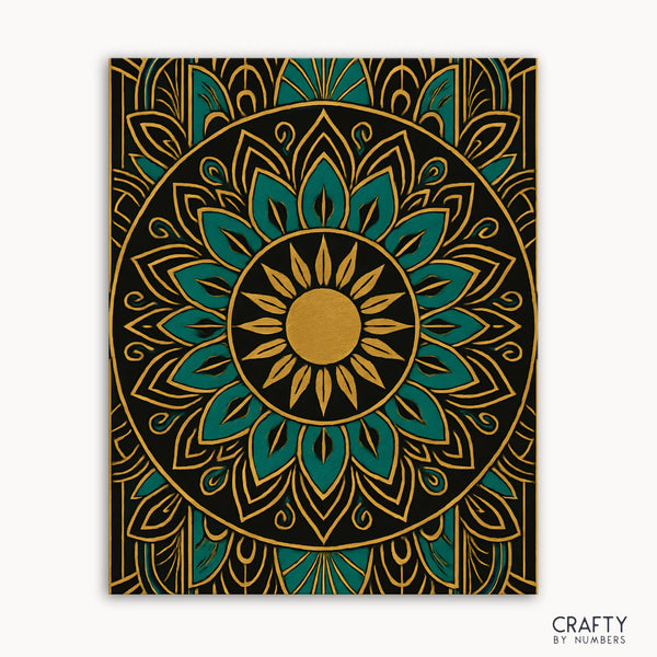 Golden Echo Mandala Paint by Numbers kit featuring a mandala design with deep teal, rich black, and luminous gold in sacred symmetrical patterns