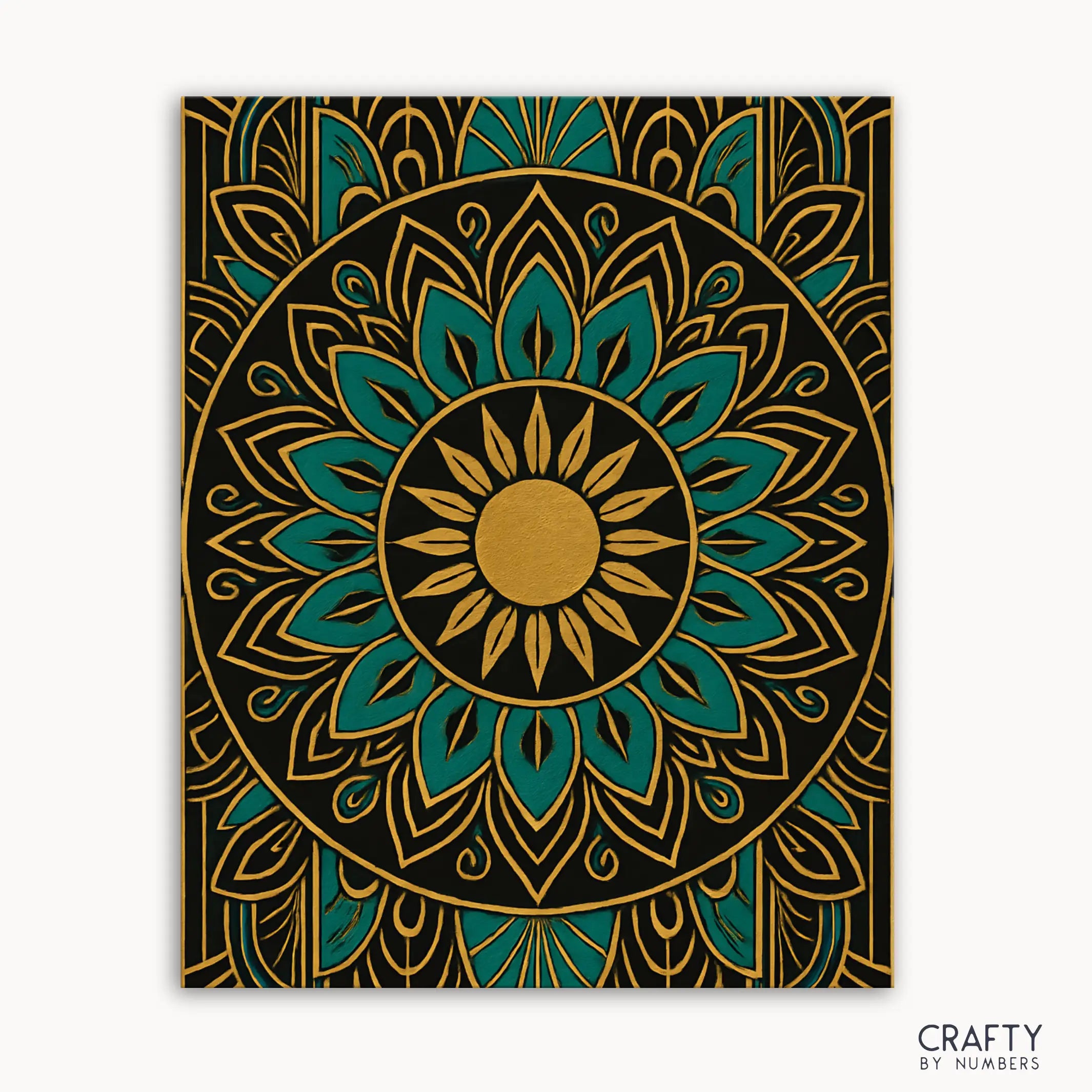 Golden Echo Mandala Paint by Numbers kit featuring a mandala design with deep teal, rich black, and luminous gold in sacred symmetrical patterns