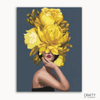 A paint by numbers kit featuring a woman with a golden floral arrangement as a hat, titled 'Golden Enigma'.