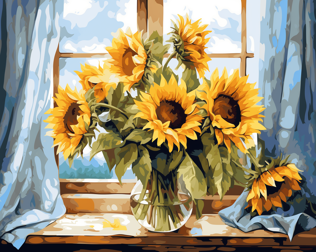 A paint by numbers kit depicting a vase of sunflowers placed on a windowsill with a blue curtain in the background.