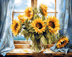 A paint by numbers kit depicting a vase of sunflowers placed on a windowsill with a blue curtain in the background.