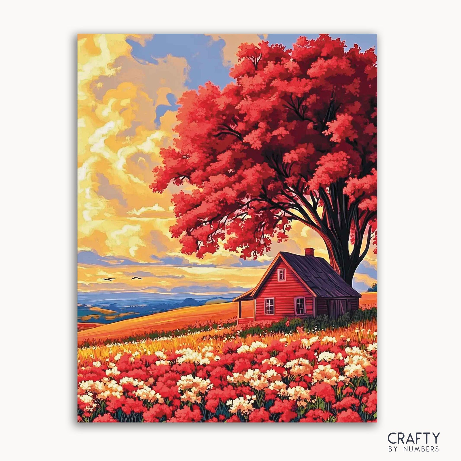 A paint-by-numbers kit depicting a cozy cottage under a large red tree with a golden hour sunset in the background, surrounded by a field with flowers.