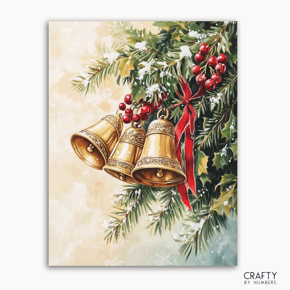 A paint by numbers kit depicting a festive scene with golden jingle bells, green foliage, red berries, and a red ribbon.