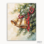 A paint by numbers kit depicting a festive scene with golden jingle bells, green foliage, red berries, and a red ribbon.