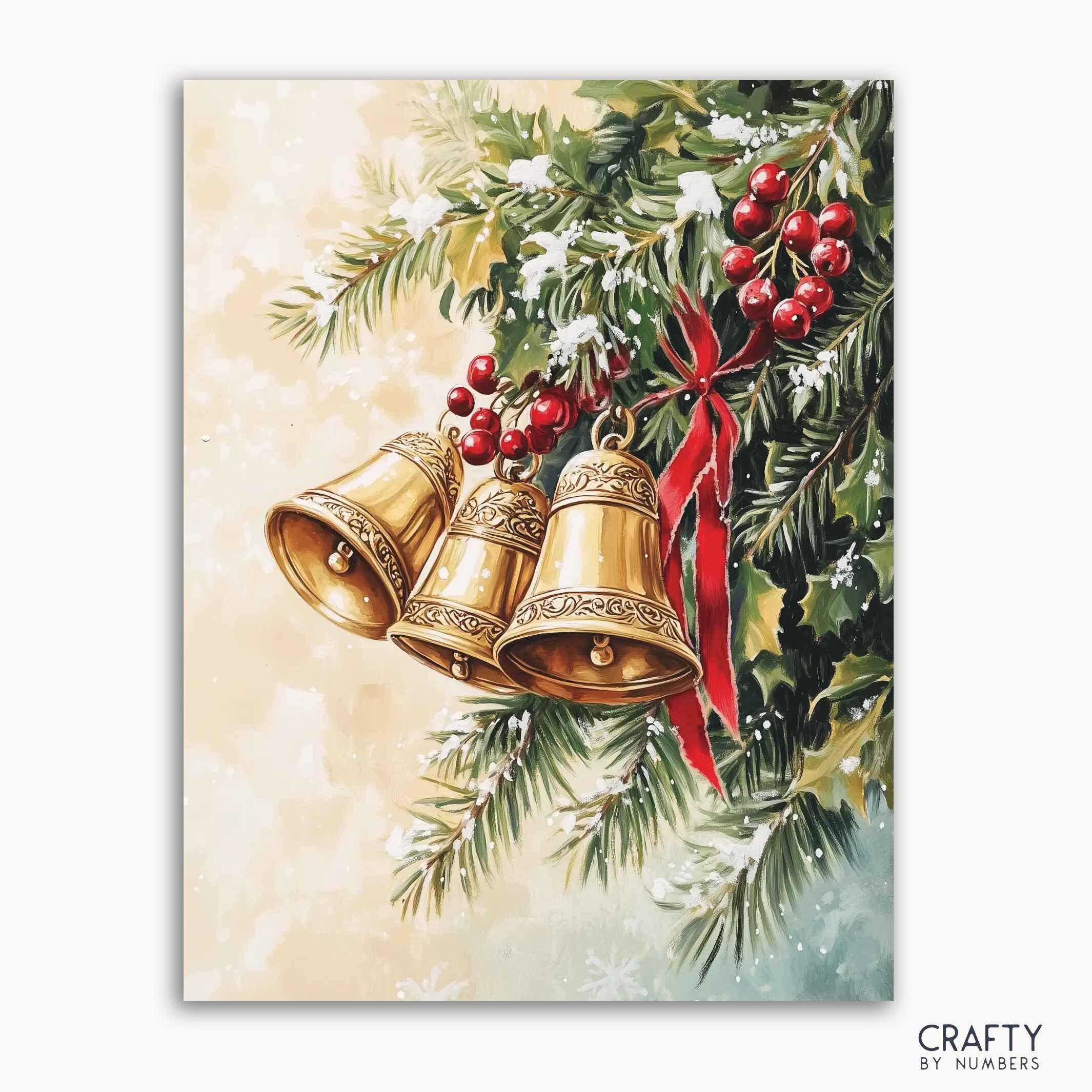 A paint by numbers kit depicting a festive scene with golden jingle bells, green foliage, red berries, and a red ribbon.