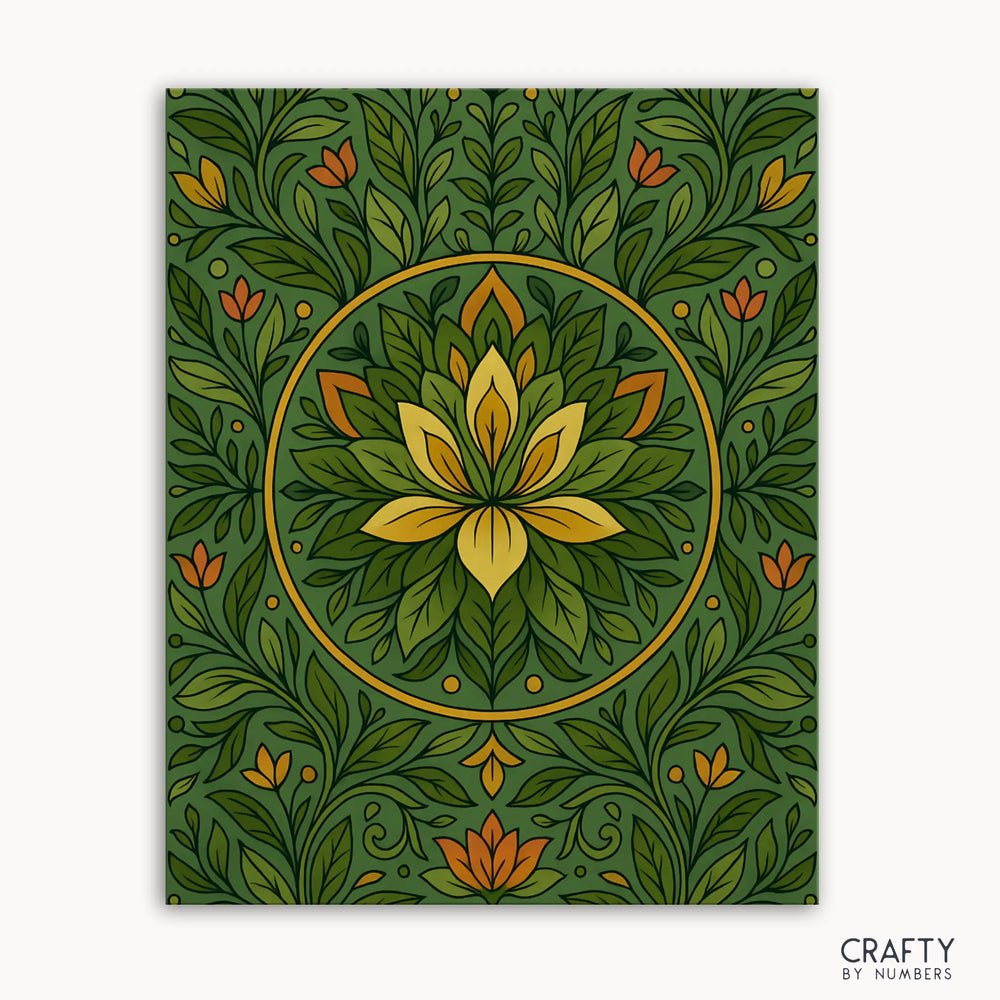 Golden Leaf Mandala Paint by Numbers kit featuring a serene mandala design with layered greens and glowing golden petals inspired by nature