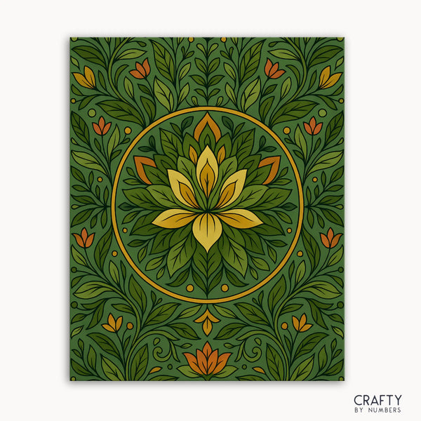 Golden Leaf Mandala Paint by Numbers kit featuring a serene mandala design with layered greens and glowing golden petals inspired by nature