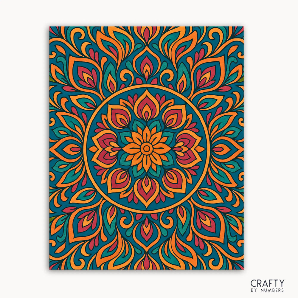 Golden Petals Mandala Paint by Numbers kit featuring a warm mandala design with sunlit gold, coral, and teal petals radiating calm and balance