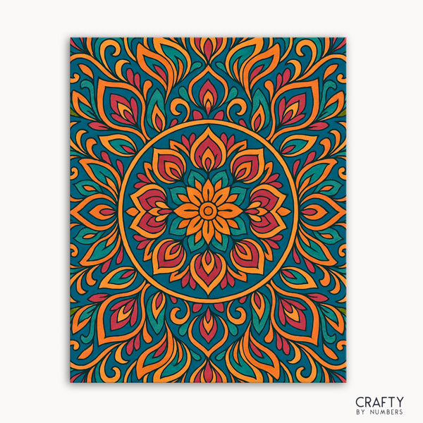 Golden Petals Mandala Paint by Numbers kit featuring a warm mandala design with sunlit gold, coral, and teal petals radiating calm and balance