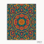 Golden Petals Mandala Paint by Numbers kit featuring a warm mandala design with sunlit gold, coral, and teal petals radiating calm and balance