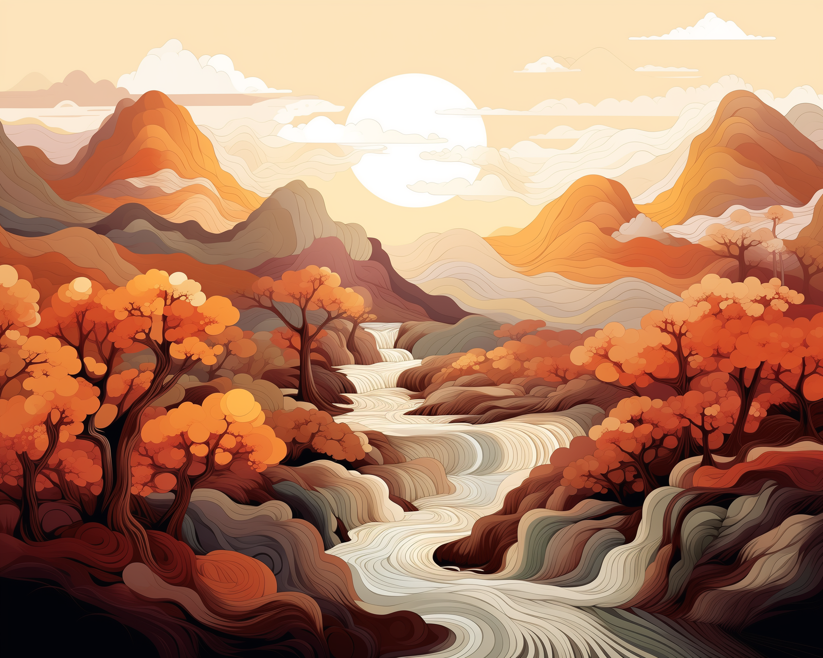 A paint by numbers kit depicting a serene river flowing through a autumnal landscape with mountains in the background.