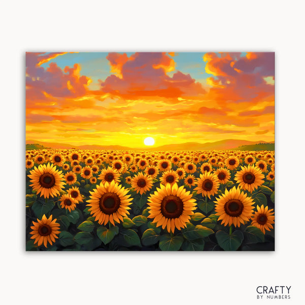 A paint by numbers kit image featuring a field of sunflowers with a sunset in the background.