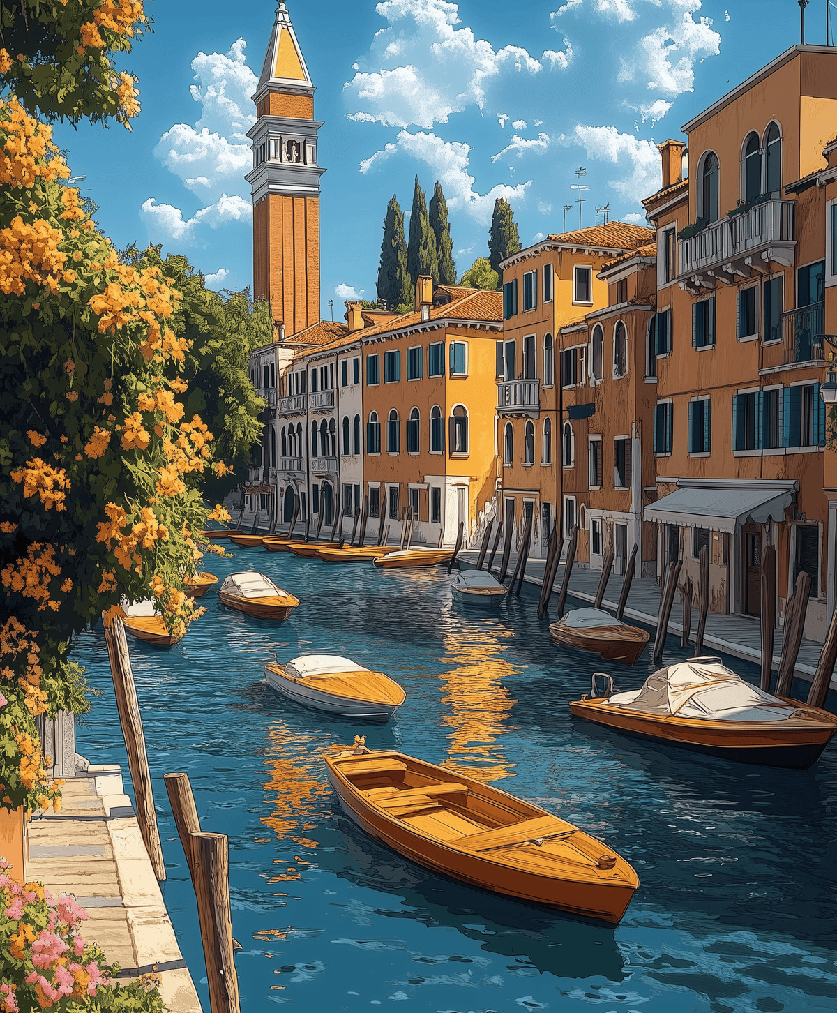Ein Malen-nach-Zahlen-Set, das eine lebendige Szene von Venedig mit Booten auf dem Kanal und einem Gebäude im Hintergrund zeigt.