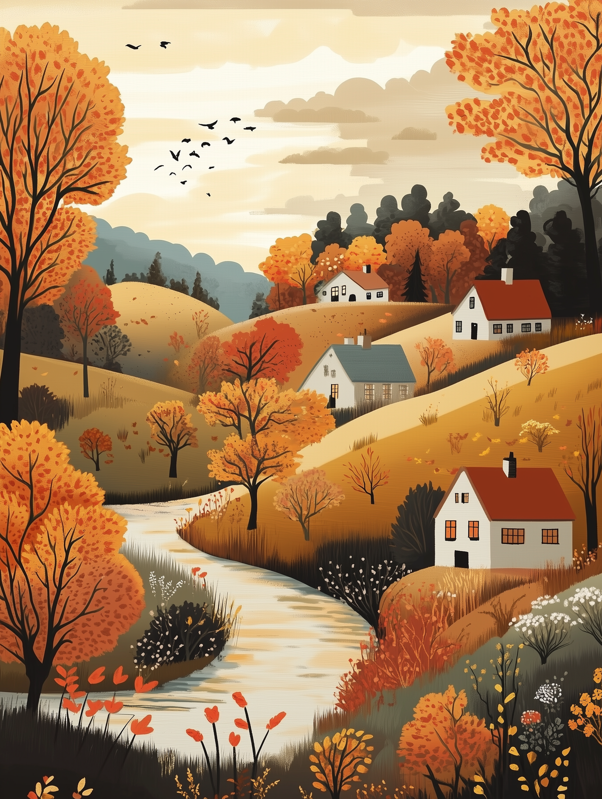 Ein Malen-nach-Zahlen-Set, das ein Dorf in einer goldenen Herbstlandschaft mit Bäumen, Häusern und einem Bach zeigt.