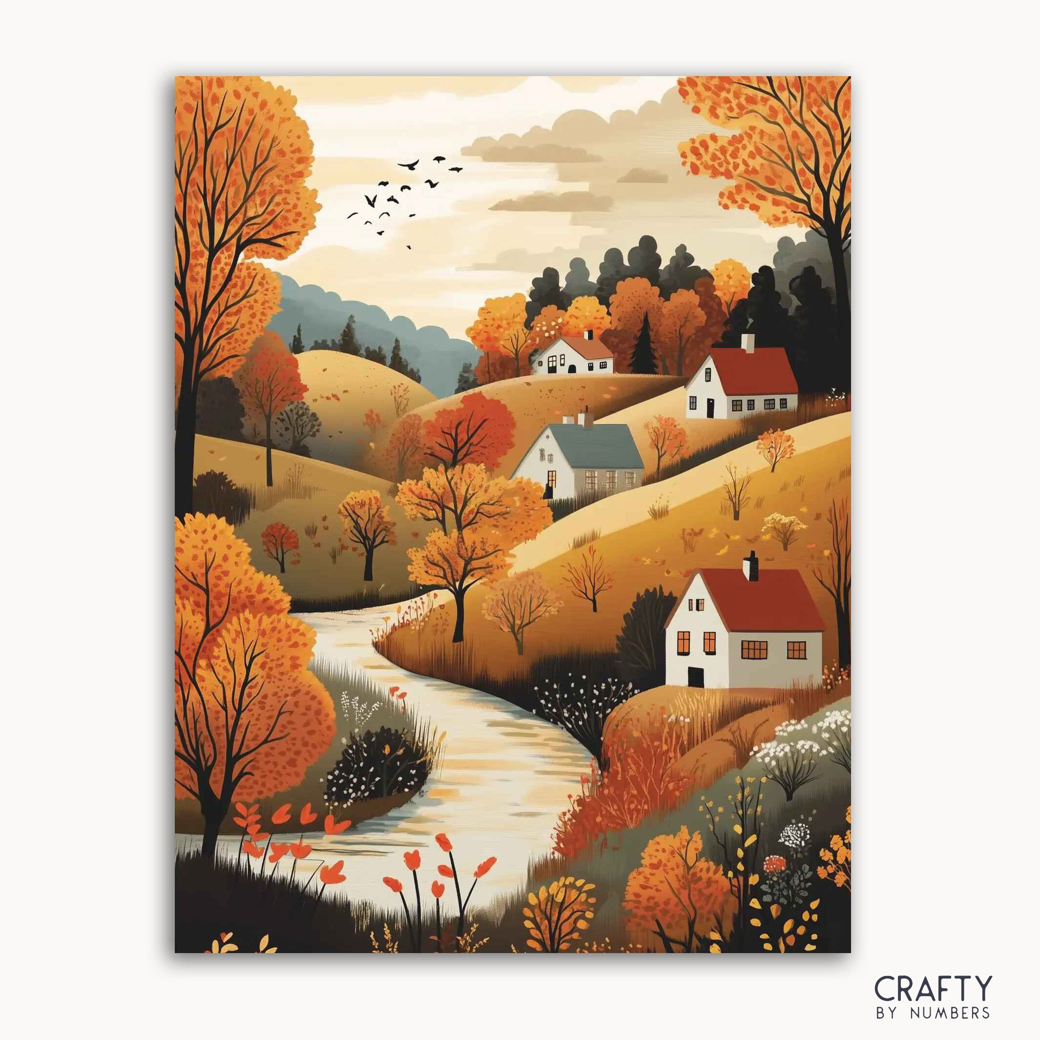 A paint-by-numbers kit depicting a village scene with autumn colors, including trees with orange leaves, a winding stream, and several houses.