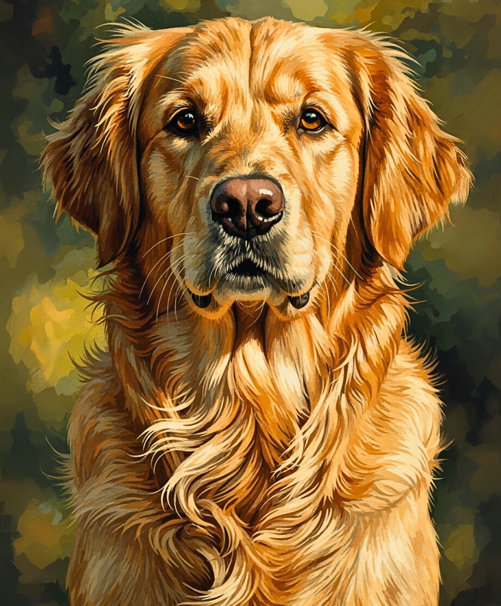 Painting of a golden retriever with a warm color palette