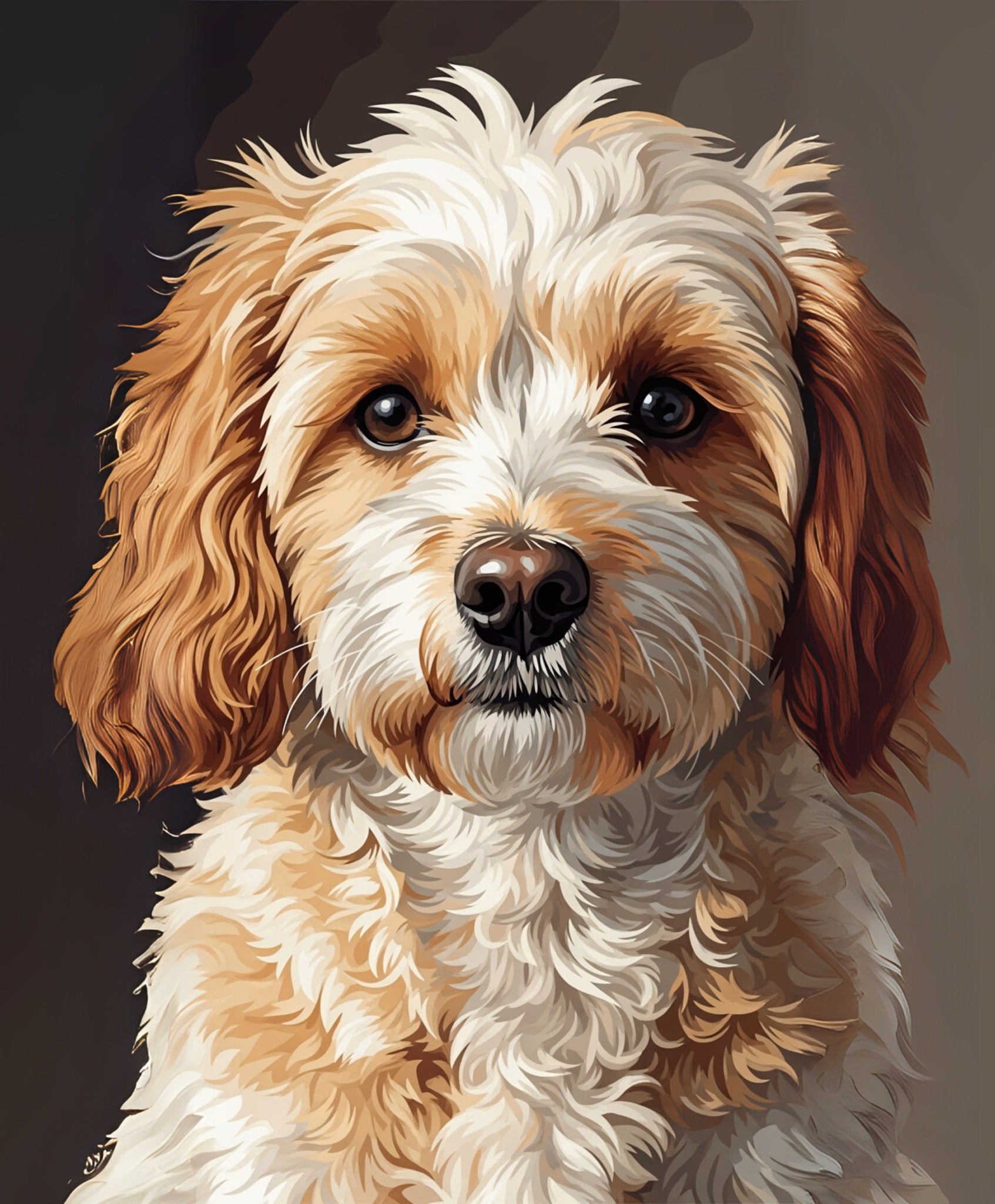 Illustration of a dog with brown and white fur on a dark background