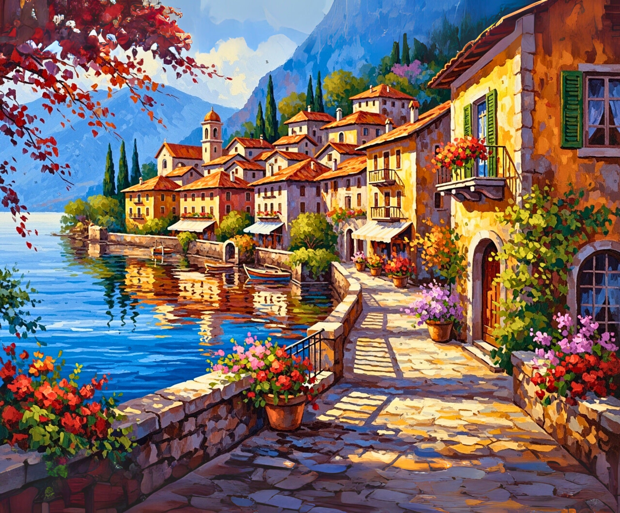 Painting of a picturesque Italian village by a lake with colorful flowers and stone pathways.