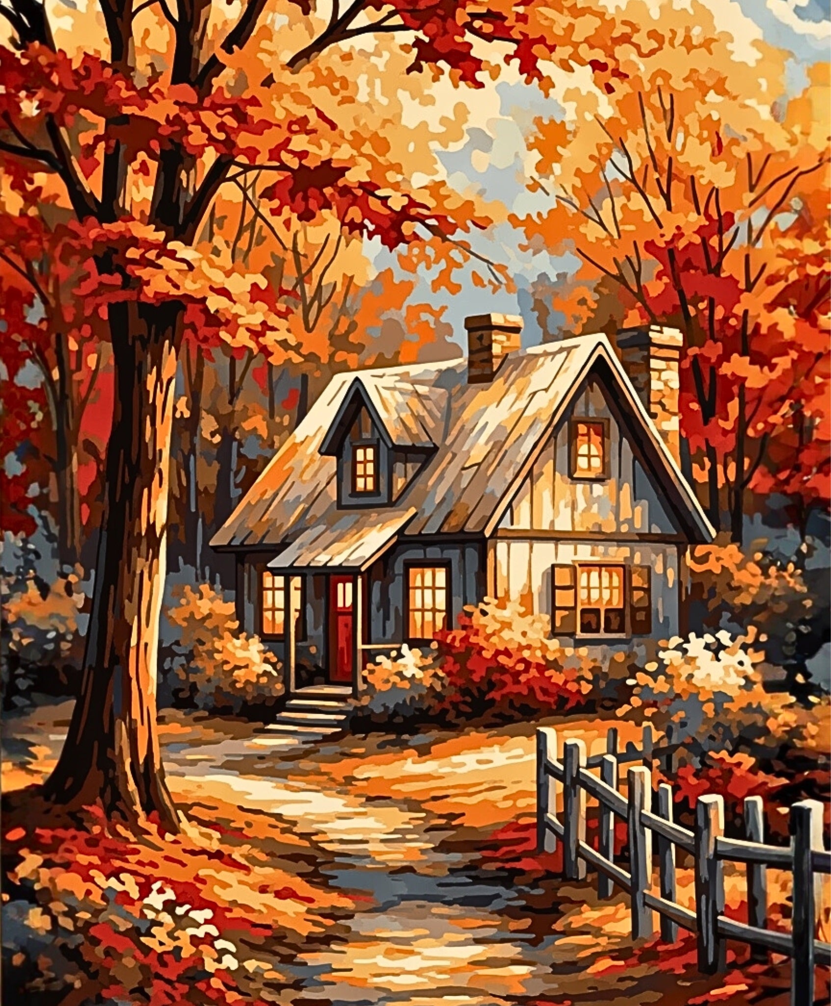 Painting of a cozy house surrounded by autumn trees with colorful leaves.