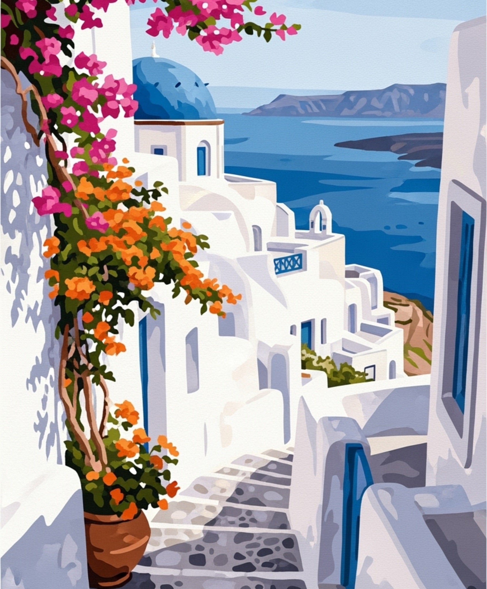 Colorful painting of a Mediterranean village with white buildings, blue roofs, and flowers.