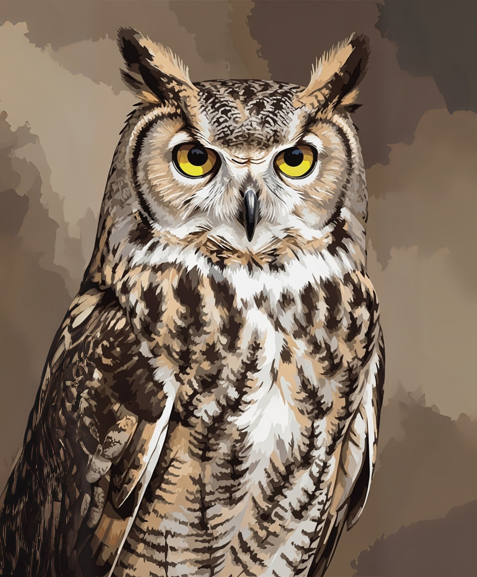 Detailed illustration of an owl with a brown background