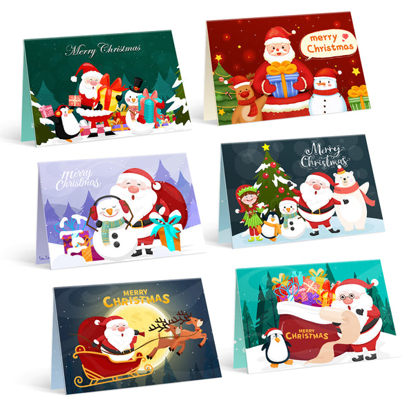 A set of six Christmas-themed paint-by-numbers cards featuring various festive characters and motifs.