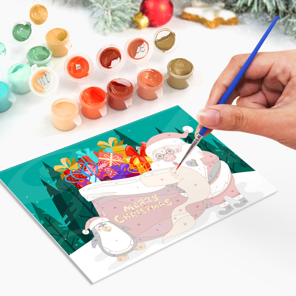DIY holiday art set with paint by numbers Christmas greeting card collection.