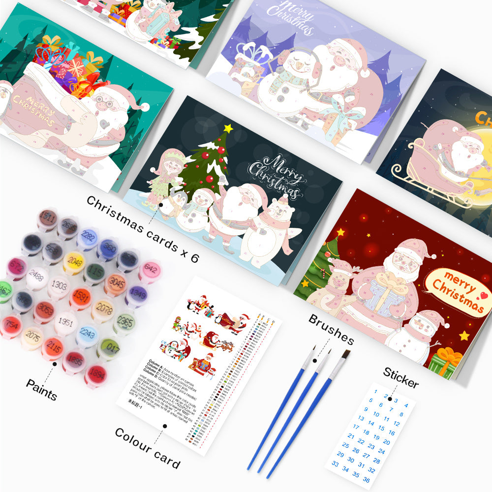 Holiday greeting card paint by numbers kit for crafting personalized Christmas cards.
