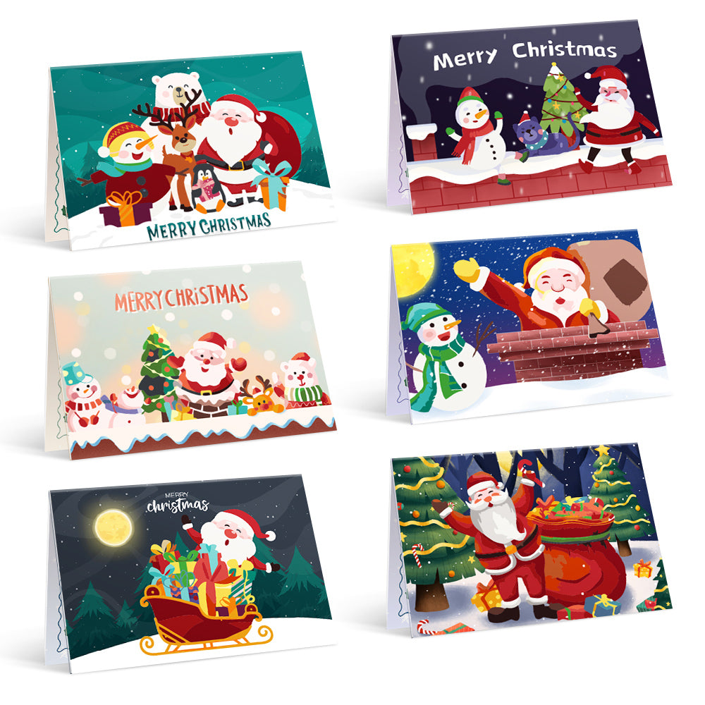 A set of six Christmas-themed paint-by-numbers cards featuring various festive characters and scenes.