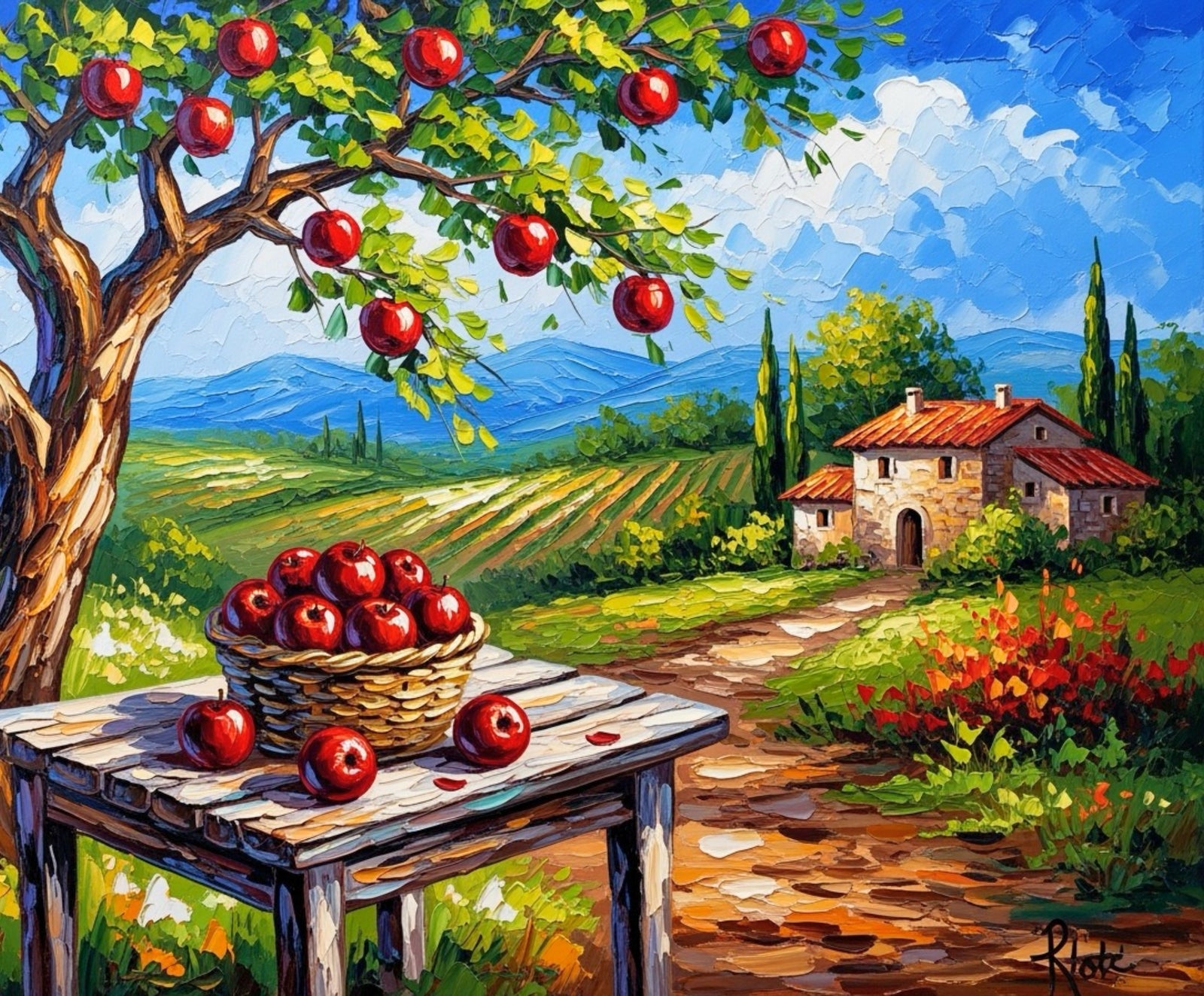 Peinture d’un pommier avec un panier de pommes dans un paysage pittoresque.