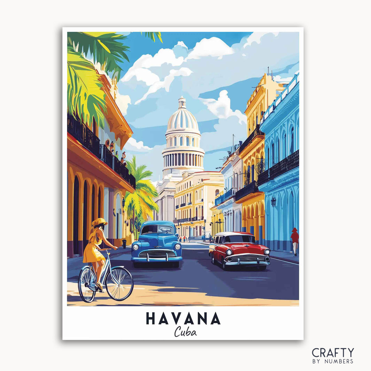 Ein lebendiges Reiseposter, das eine Straßenszene in Havanna, Kuba, mit Menschen, Palmen und Oldtimern zeigt.