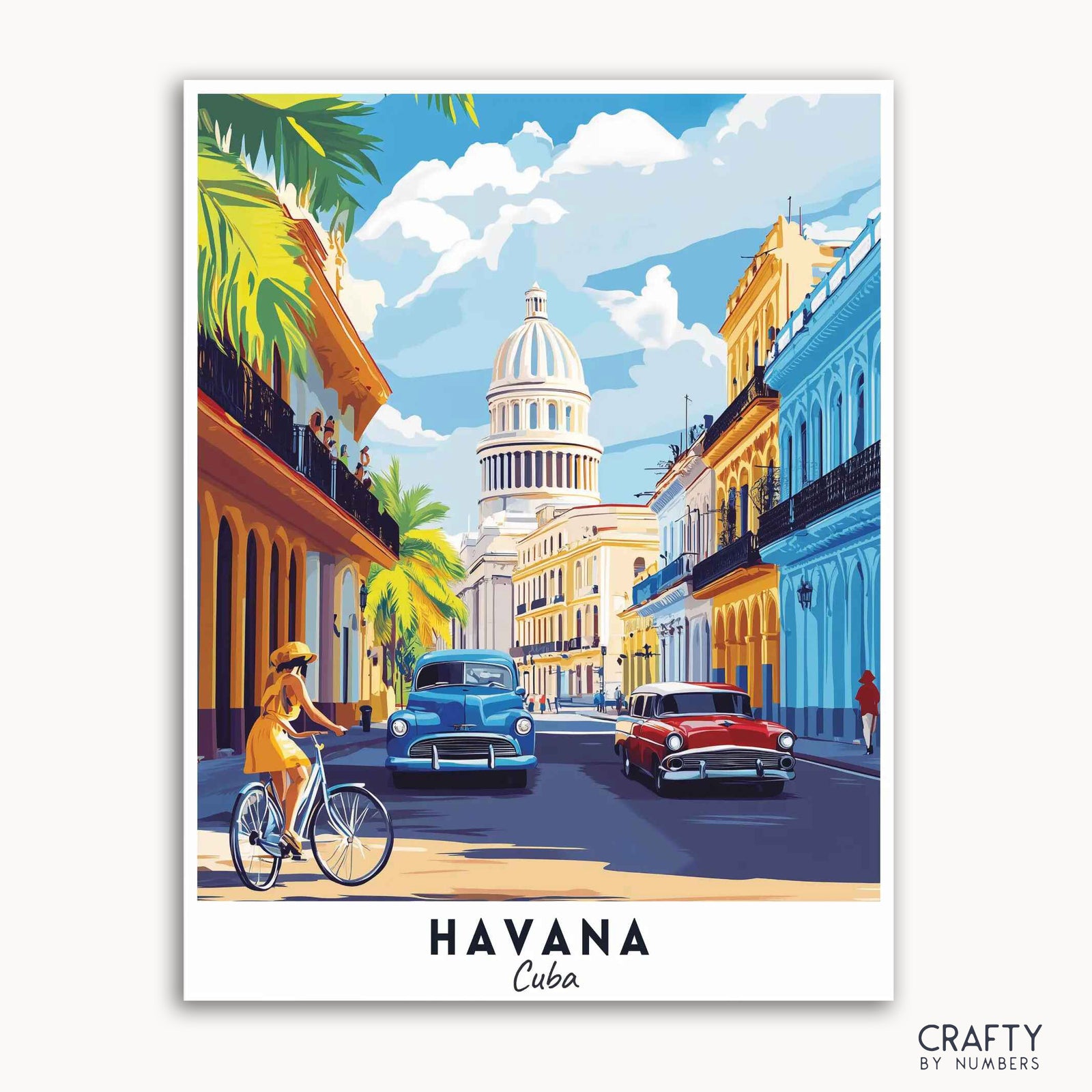 Ein lebendiges Reiseposter, das eine Straßenszene in Havanna, Kuba, mit Menschen, Palmen und Oldtimern zeigt.