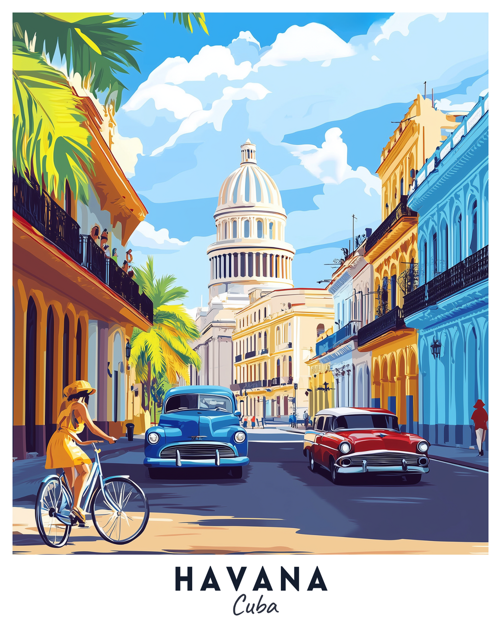 A vibrant travel poster depicting a scene of Havana, Cuba with colorful buildings, palm trees, and a person on a bicycle.
