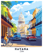 A vibrant travel poster depicting a scene of Havana, Cuba with colorful buildings, palm trees, and a person on a bicycle.