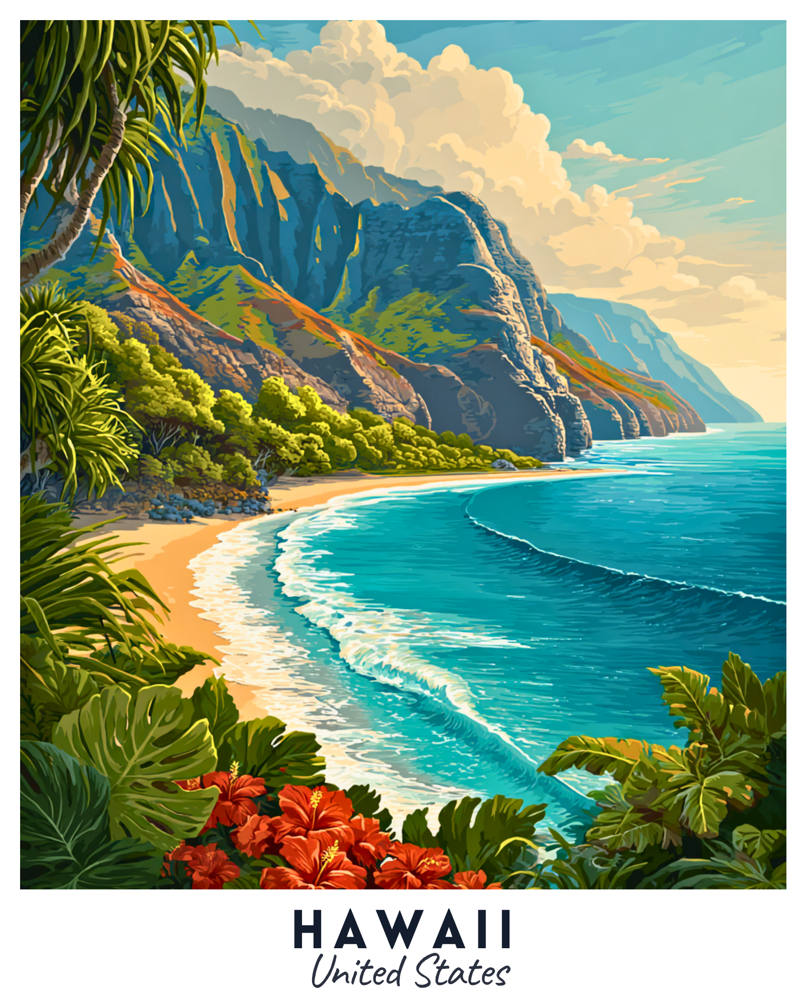 Hawaiian landscape with ocean, cliffs, and tropical plants with 'Hawaii United States' text.