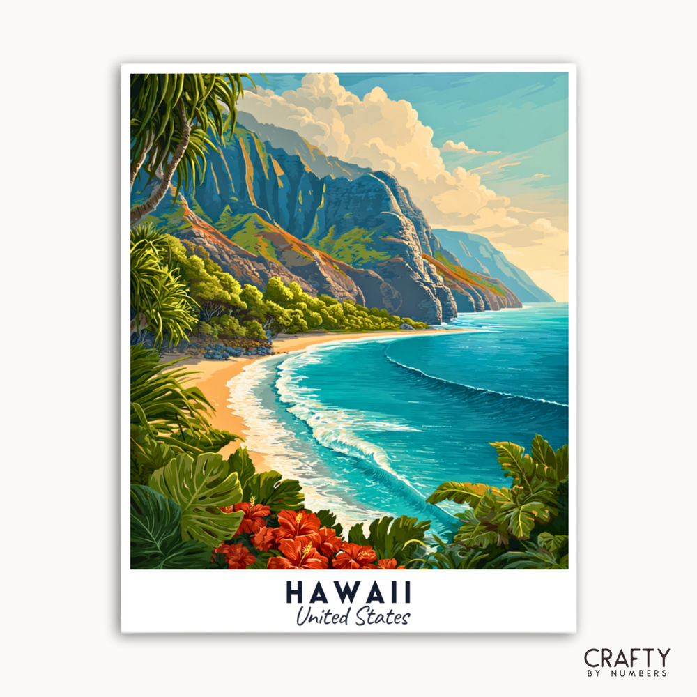 Vintage-style poster of a tropical beach with mountains and ocean, labeled 'Hawaii United States' by Crafty by Numbers.