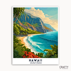 Vintage-style poster of a tropical beach with mountains and ocean, labeled 'Hawaii United States' by Crafty by Numbers.